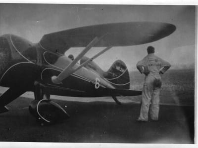 Hall Bulldog at Bowles Agawam Airport with group, left front view